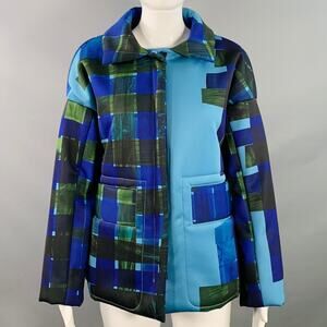 ROHKA S Blue Multi Color Polyester Woven Padded Oversized Hidden Zip Up Jacket
